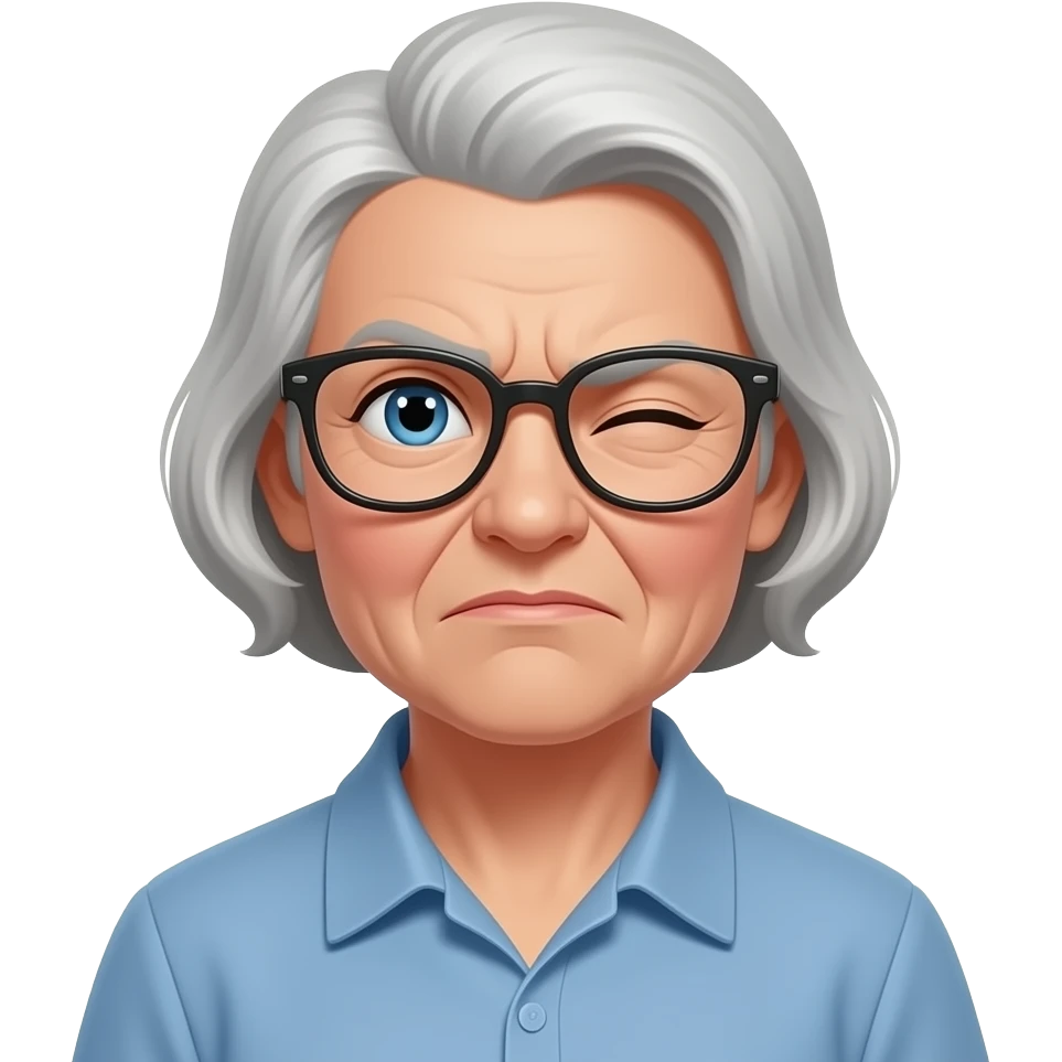 create an 72 year old dutch female patient with glasses squinted eye and frown emoji
