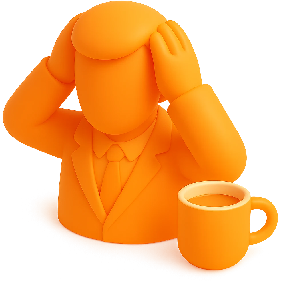 Add a 3D orange coffee cup to the scene with the male office worker with hands on his head, keeping the 3D Orange style and no background. emoji