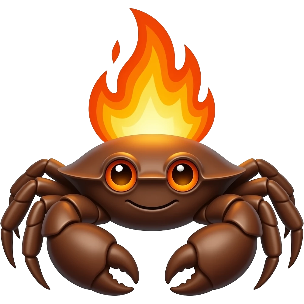 A Brown crab with a fireplace on its back with orange eyes emoji