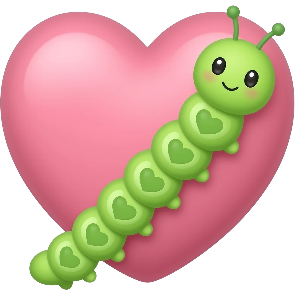 Adorable green itty bitty tiny little catipillar with tiny hearts on each body sectioncrawling up the side of a big muted pink colored heart emoji