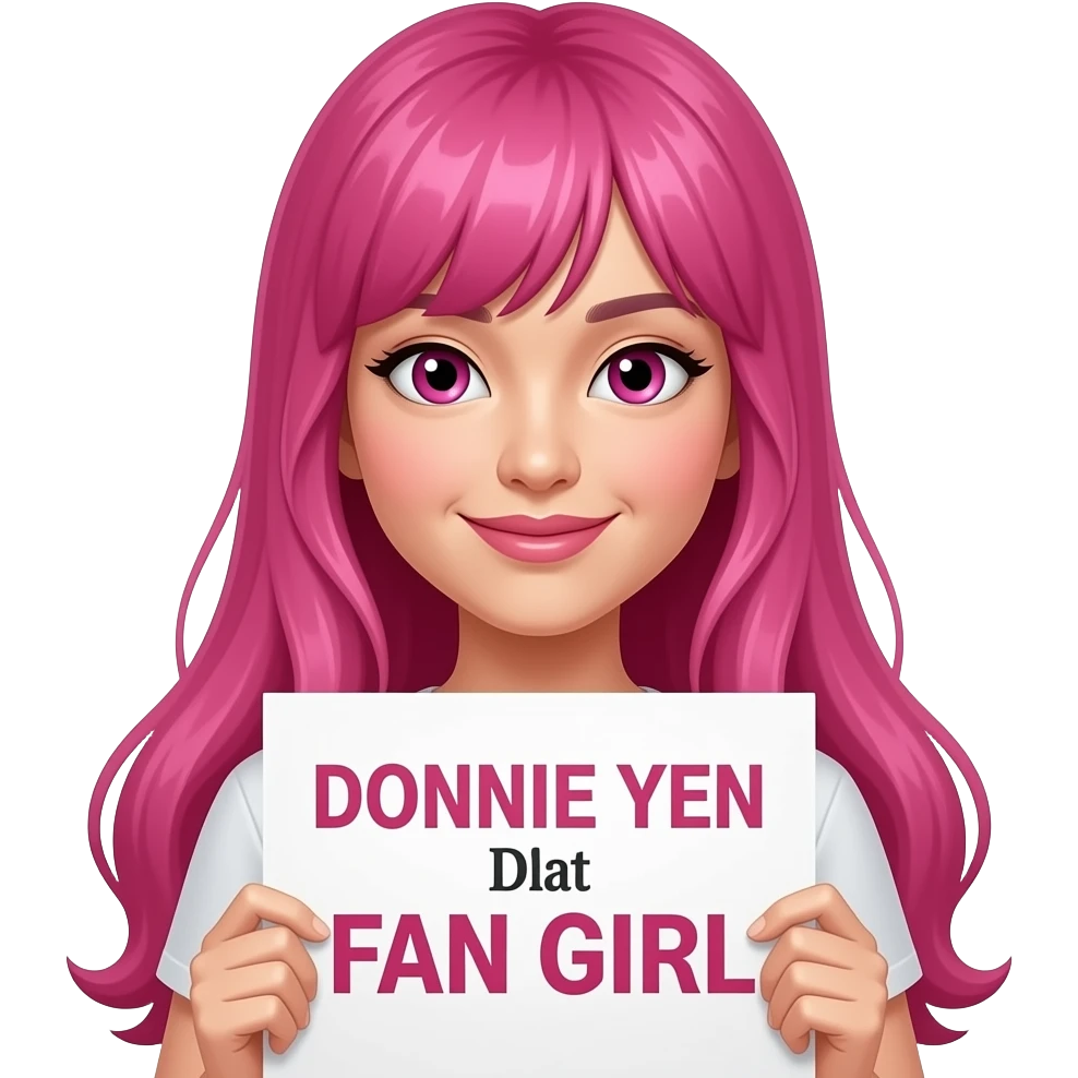 sexy girl with long pink hair and pink eyes holding DONNIE YEN FAN GIRL sign emoji