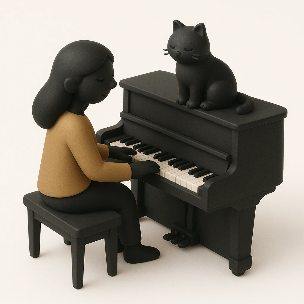 woman playing piano while her cat sits on top of the piano emoji