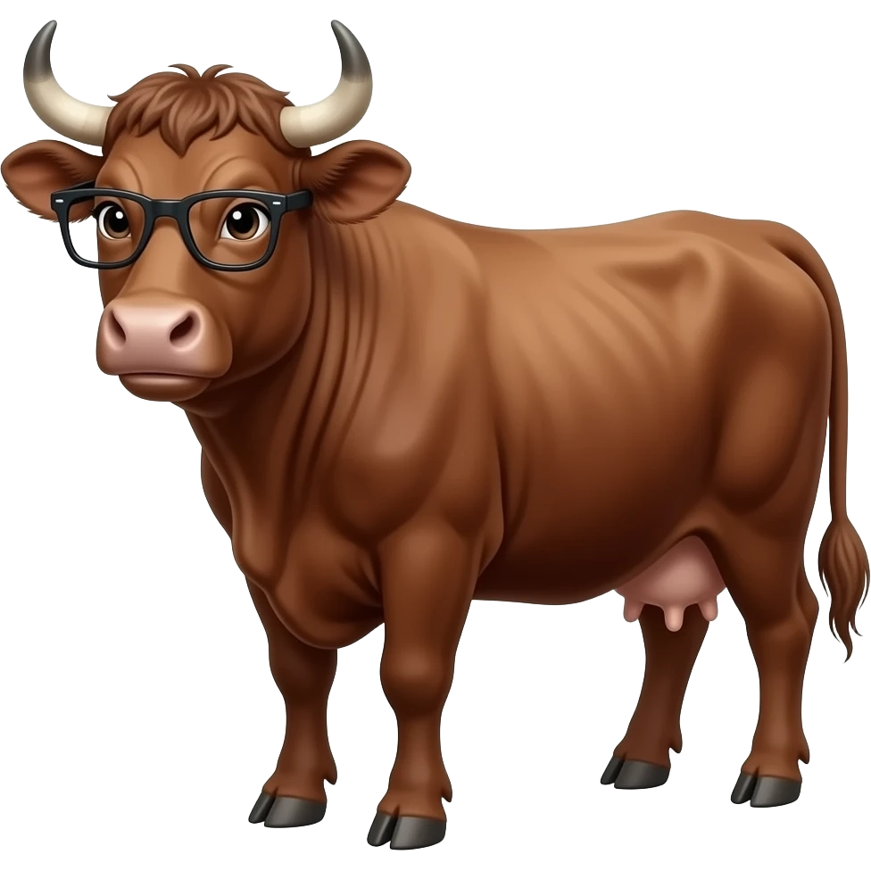 a whole body of brown wagyu cow but look at camera with a little smile but look cool and nerd and wear thuglife glasses emoji