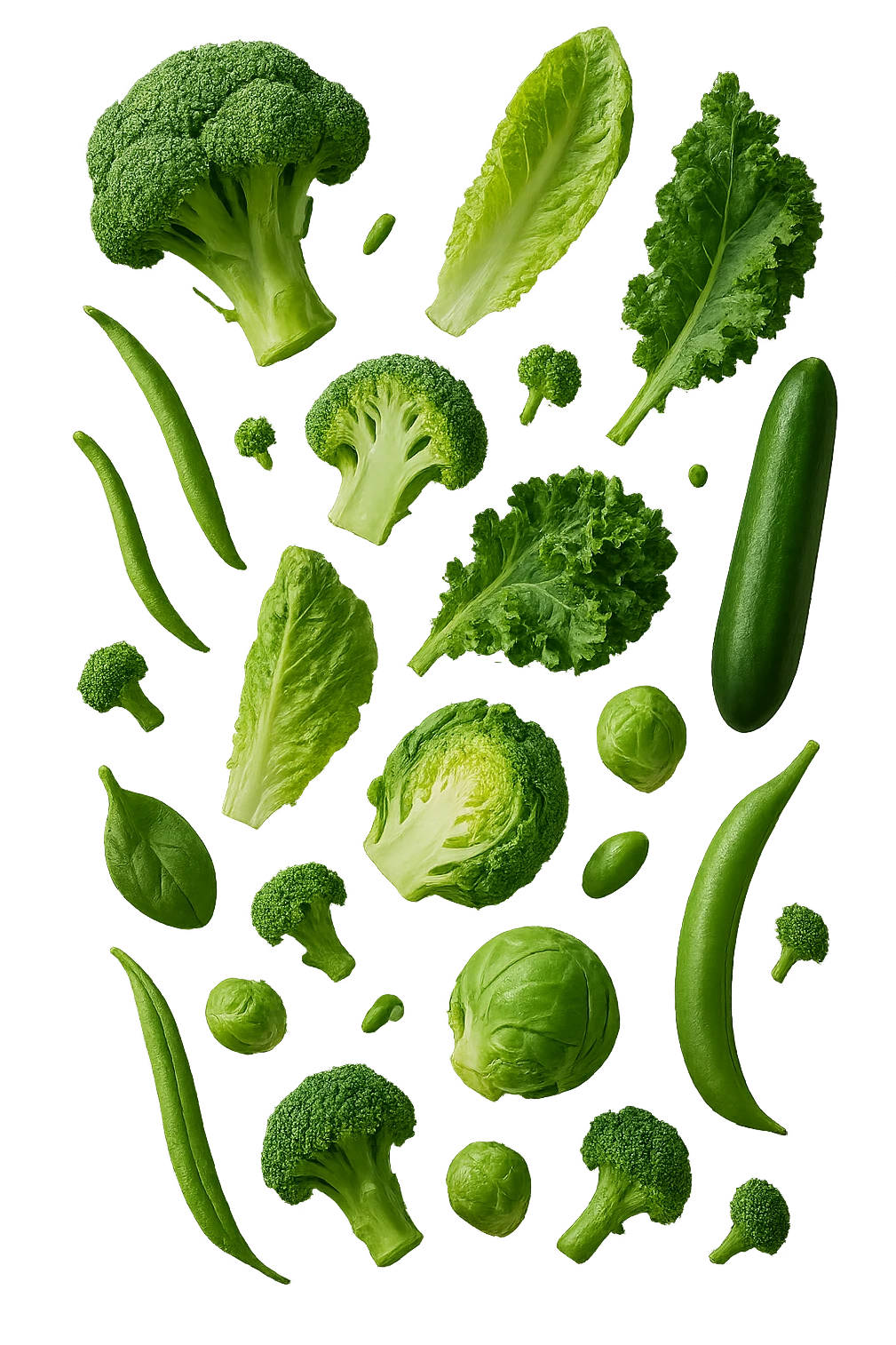 varie verdure verdi fluttuano in aria e cadono verticalmente, IPERREALISTICA 4K emoji