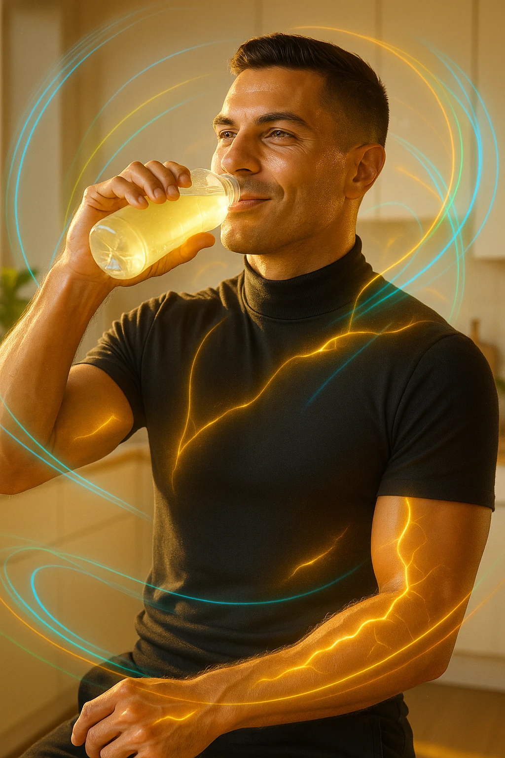 Athletic man around 30 years old, early morning, drinking a transparent electrolyte-rich beverage from a bottle. Body illuminated by natural golden light, with a light energetic aura around muscles symbolizing regeneration and recovery. Relaxed and vital expression, hydrated and glowing skin. Around him, light and colorful flows (blue, green, orange) represent electrolyte balance: sodium, potassium, magnesium. Natural environment or modern minimalist kitchen. Positive, clean, and invigorating atmosphere. Vertical 9:16 format. Inspired by the face in the reference photo. emoji