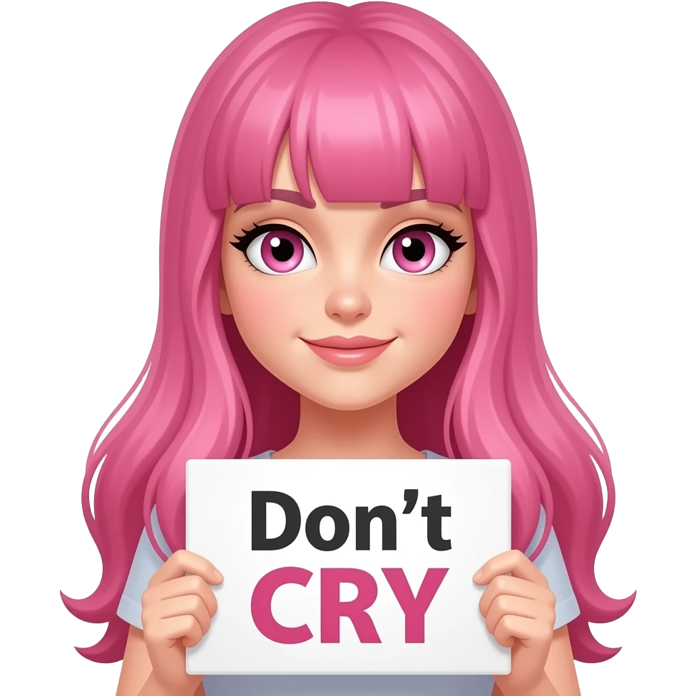 sexy girl with long pink hair and pink eyes holding Don't CRY sign emoji
