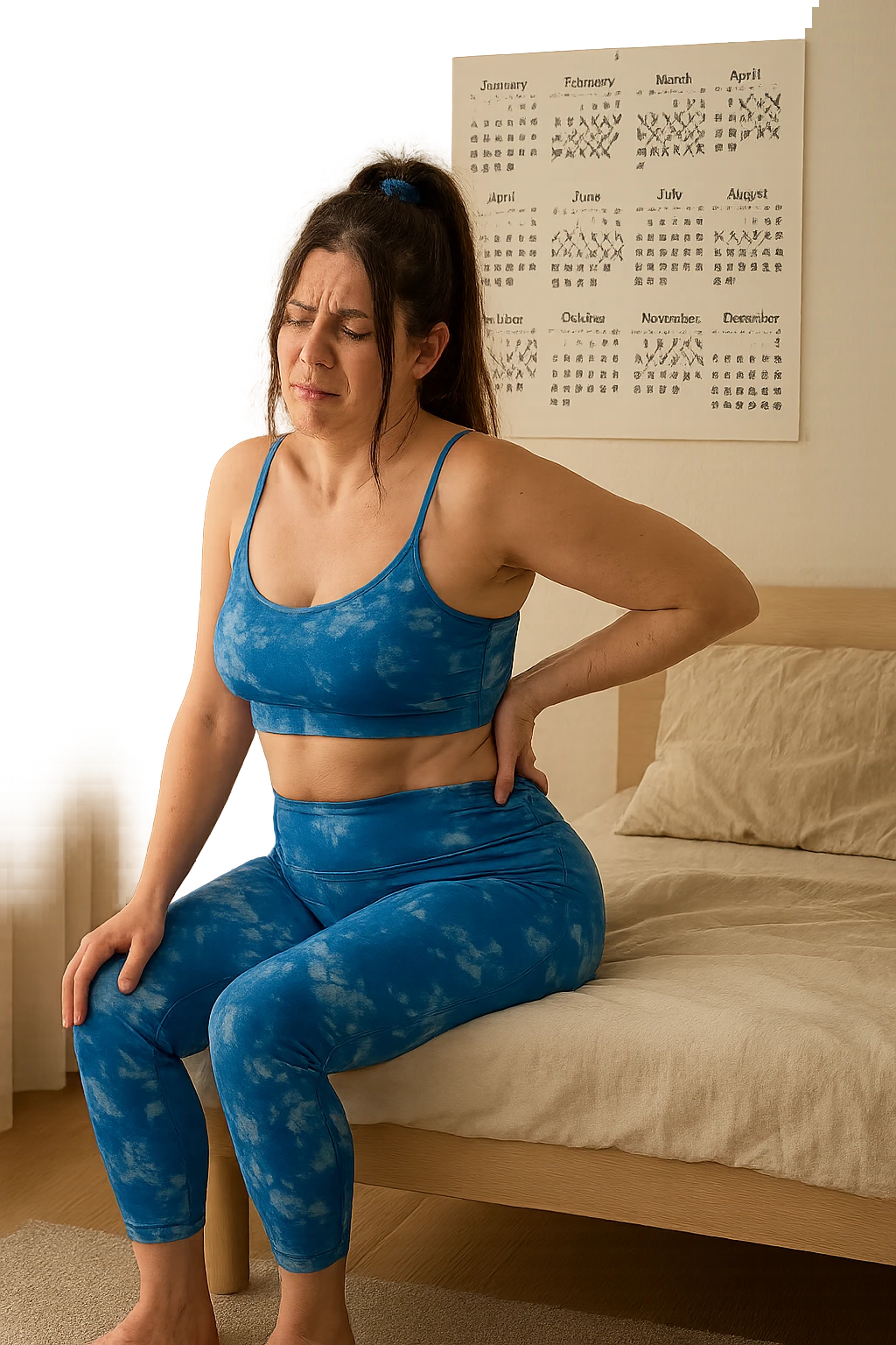 a woman in her 30s sits on the edge of her bed in the morning, holding her lower back with a pained expression. Subtle visual cues, like uneven shoulders or hips, hint at postural asymmetry. The room is softly lit, and a calendar on the wall shows months crossed off, symbolizing chronic pain over the years. emoji