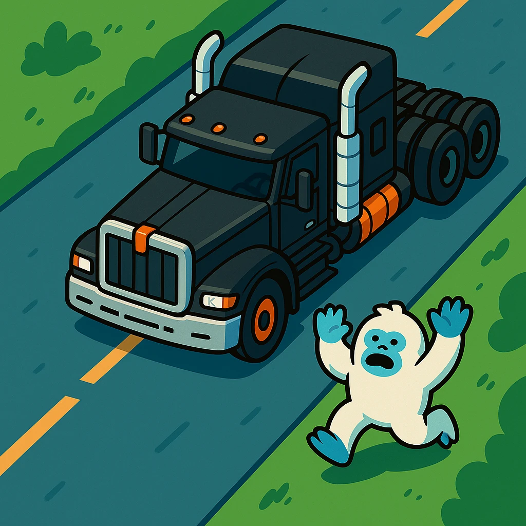 Place the small abominable snowman clearly on the road in front of the black 2026 Kenworth W680 flat top semi sleeper, top-down vibrant toon style, no text. emoji