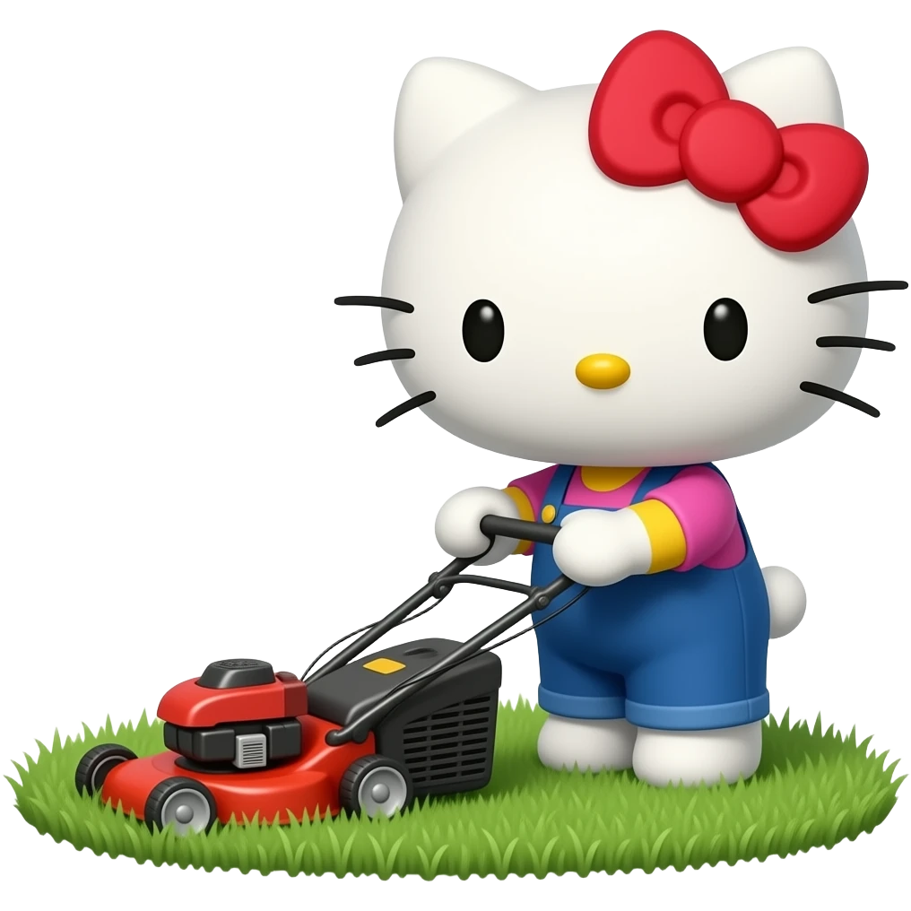 hello kitty mowing the lawn with a lawn mower emoji