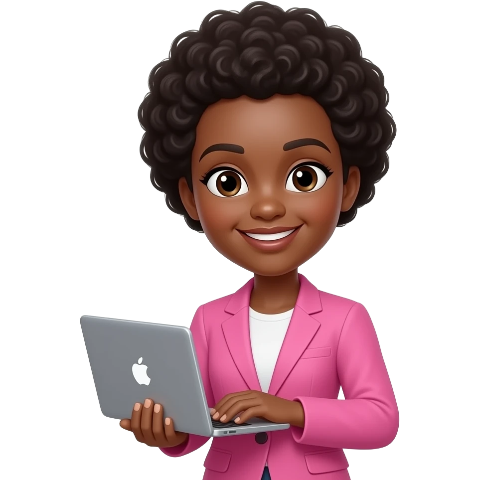 black woman in pink blazer with a laptop emoji