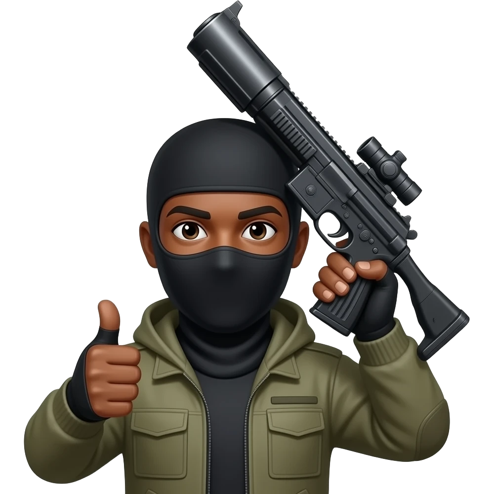 give me a black-skinned guy emoji who's showing with his thumb that everything fine, also on the other hand he holds a jumbo instrument on his head he should have the balaclava emoji