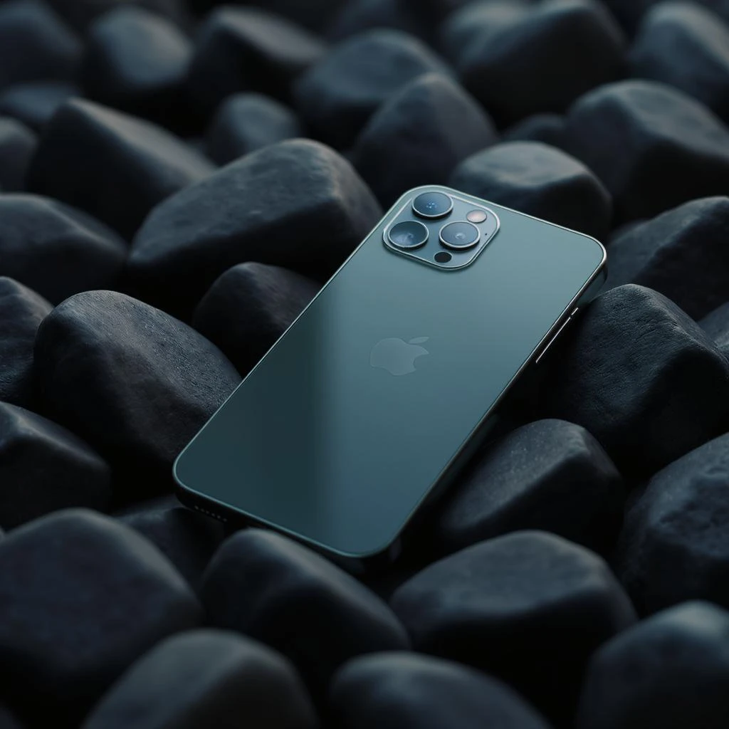 Iphone 16pro around black stones, cinematic shot emoji