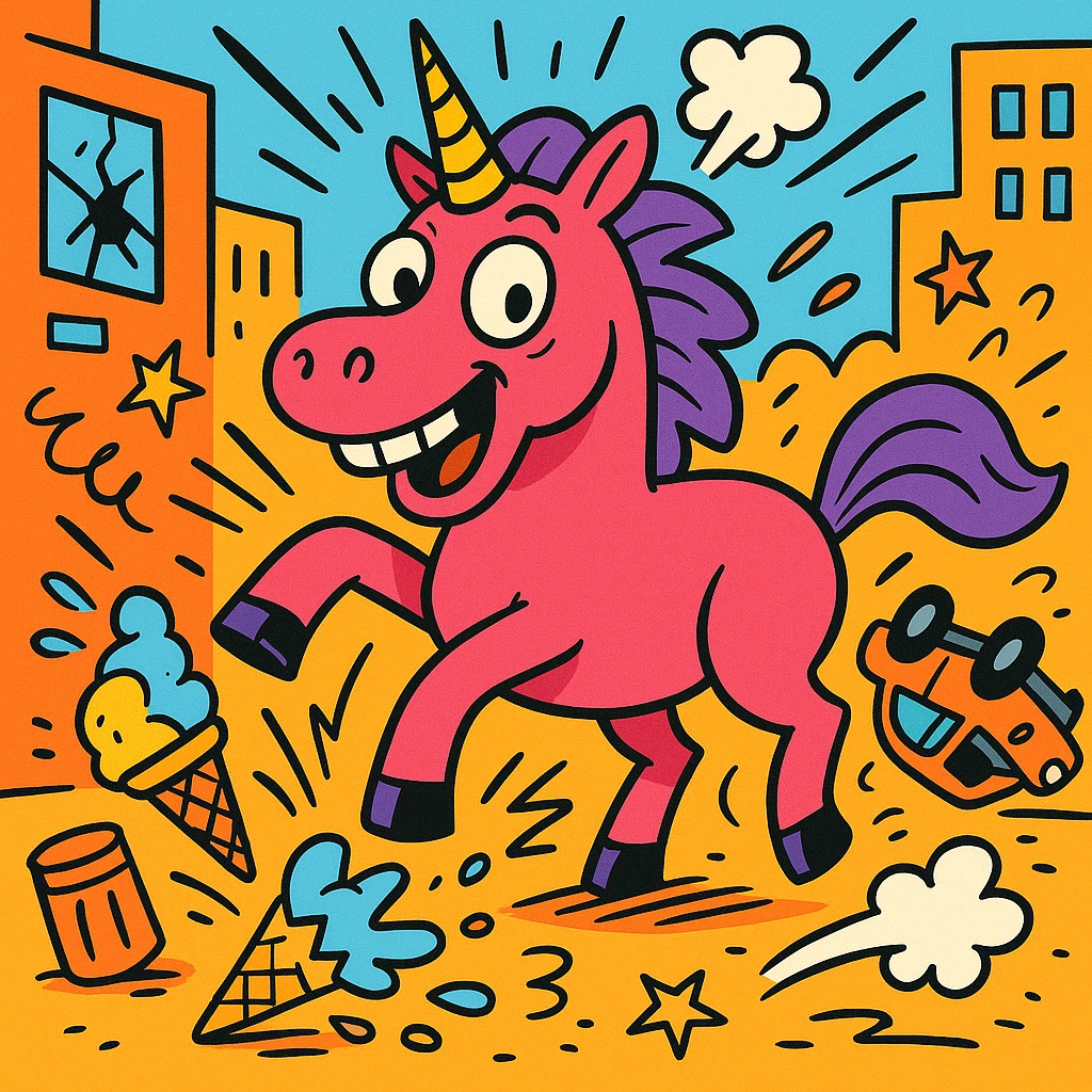 funny neon pink unicorn causing mayhem, cartoon style, vibrant colors, energetic, playful, bold lines emoji