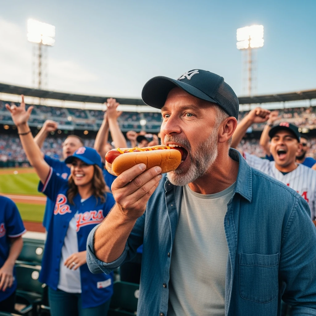 man eating a hot dog at a baseball game emoji
