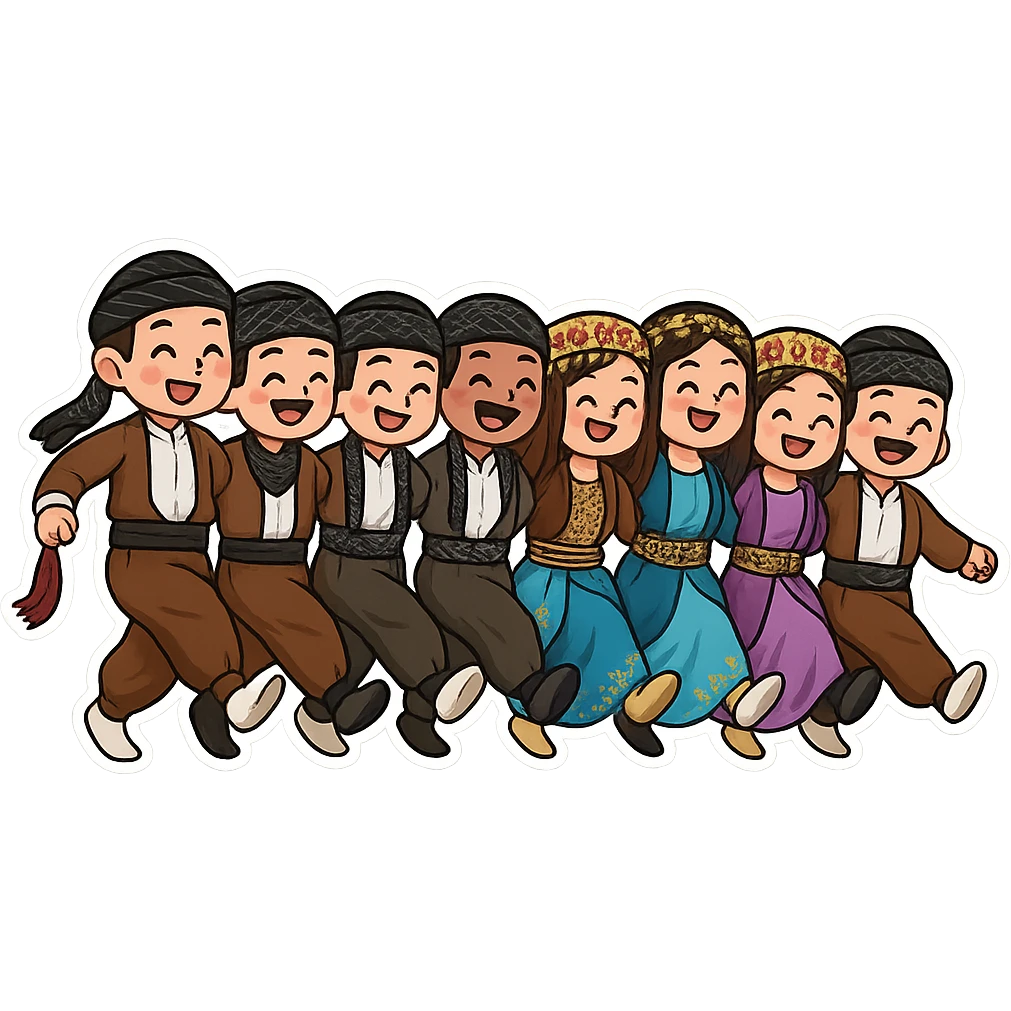 Cartoon sticker of a group of Kurdish men and women performing traditional Kurdish dance, wearing traditional Kurdish clothes and shawls exactly like the reference images, hand in hand pose with legs raised as in Kurdish dance, colorful and joyful, no text, suitable for WhatsApp and Instagram, transparent background. emoji