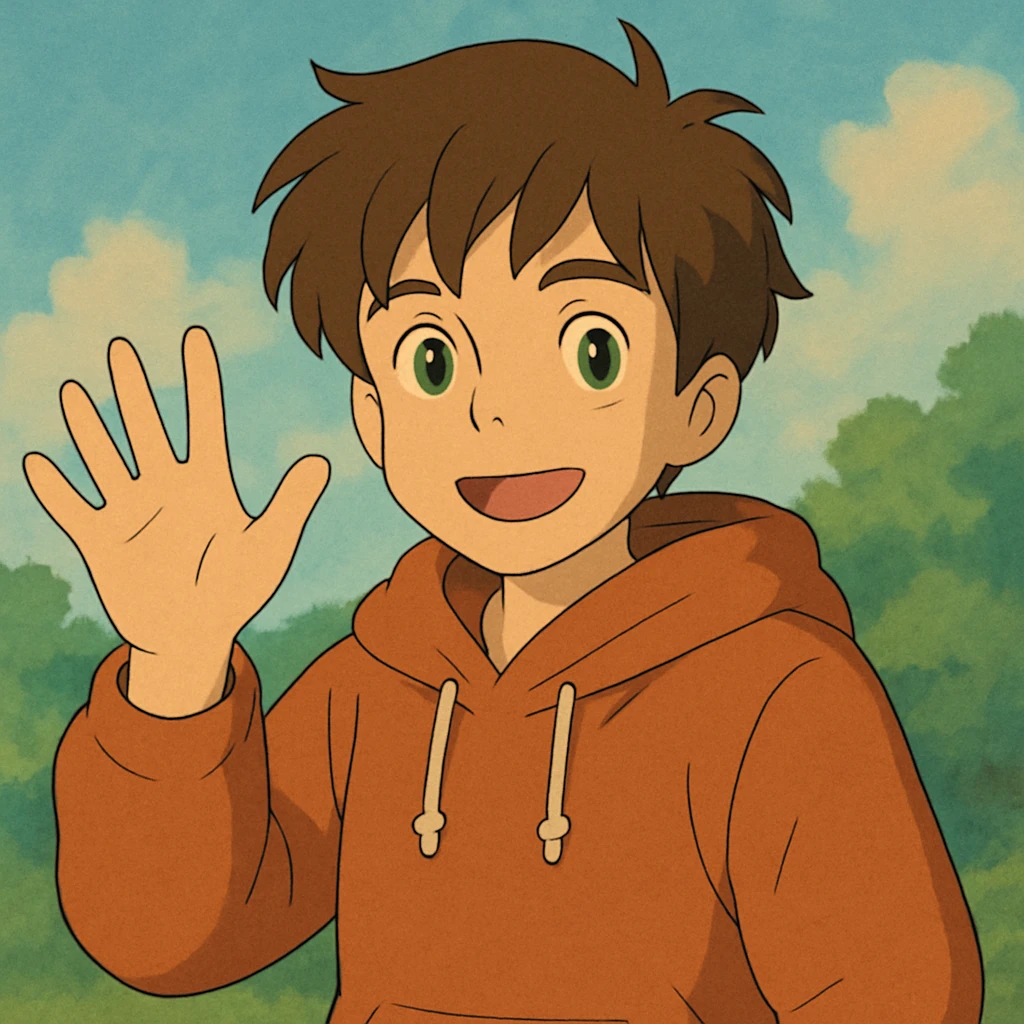 A boy brown hair green eyes with hoodie a hand and say hello emoji