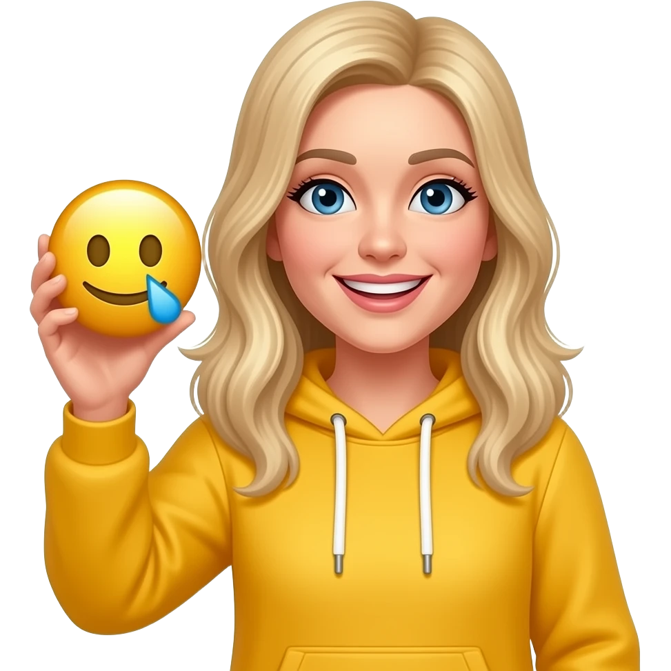A 30-year-old blonde woman in a yellow hoodie smiles and shows emoji a ‘Face with Diagonal Mouth’ emoji