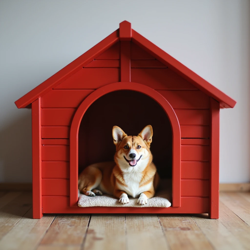 realistic red dog house with a Corgi dog inside, Corgi with a mat, photorealistic style emoji
