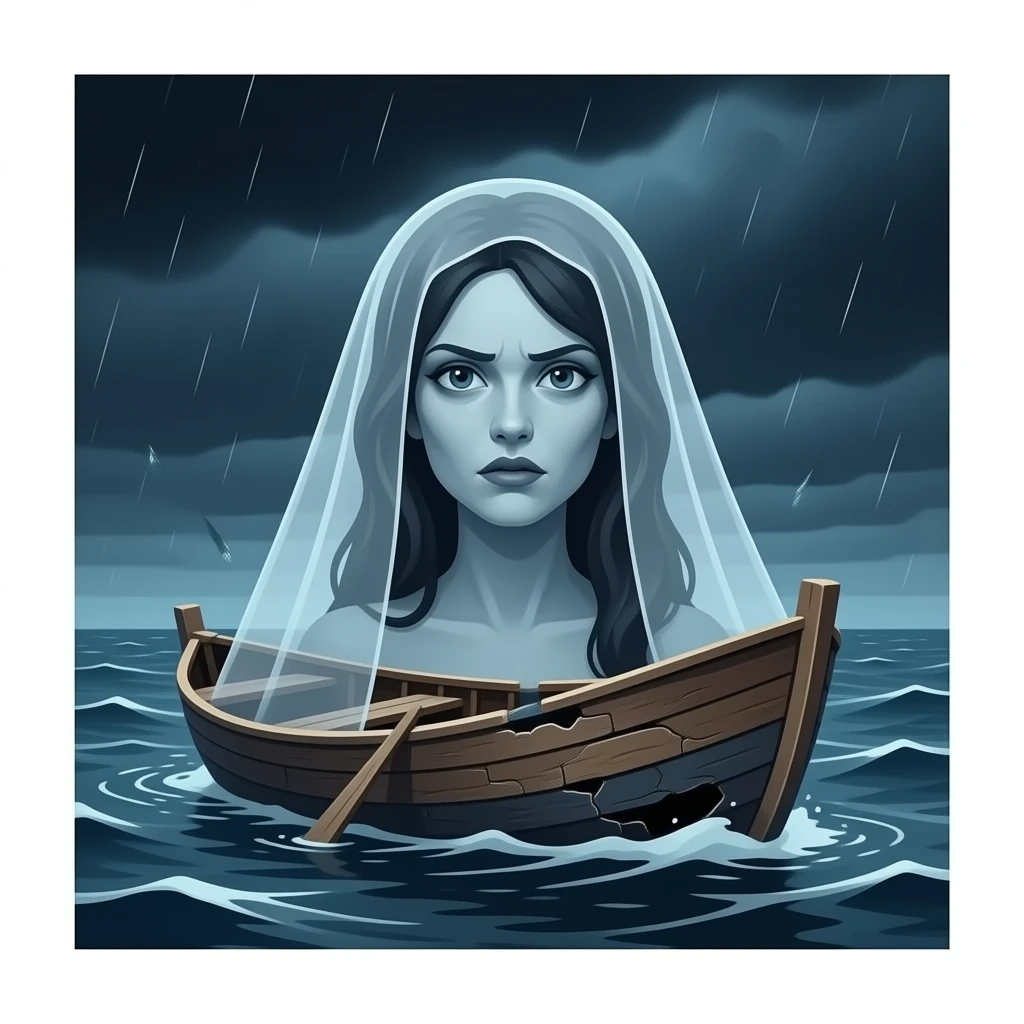 cinematic  - a broken boat with a terrifying female apparition around which a transparent veil flutters hovers emoji