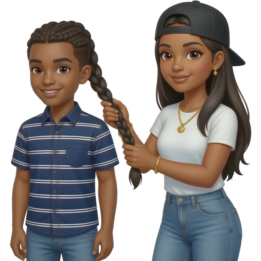 African American teenage boy wearing a navy blue button up shirt with white stripes getting half hair braided by a African American woman with long straight black hair wearing a adjustable black cap to the back and denim jeans wearing a white t shirt and a gold tennis necklace and gold bracelet emoji