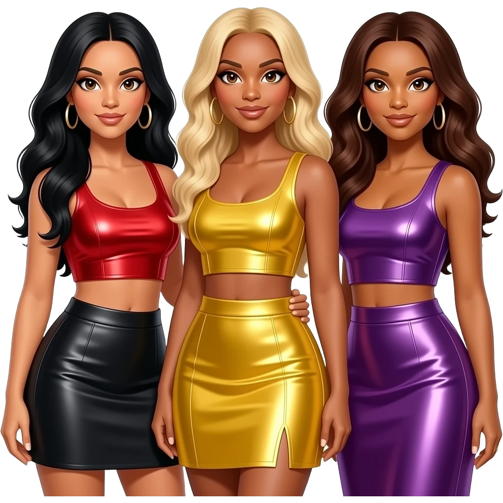 Destiny's Child with Kelly with brown eyes, long black hair, red metallic crop top and skirt, Beyonce with hazel eyes, long blonde hair, yellow metallic crop top and skirt, Michelle with brown eyes, long dark auburn hair, purple metallic crop top and long skirt emoji