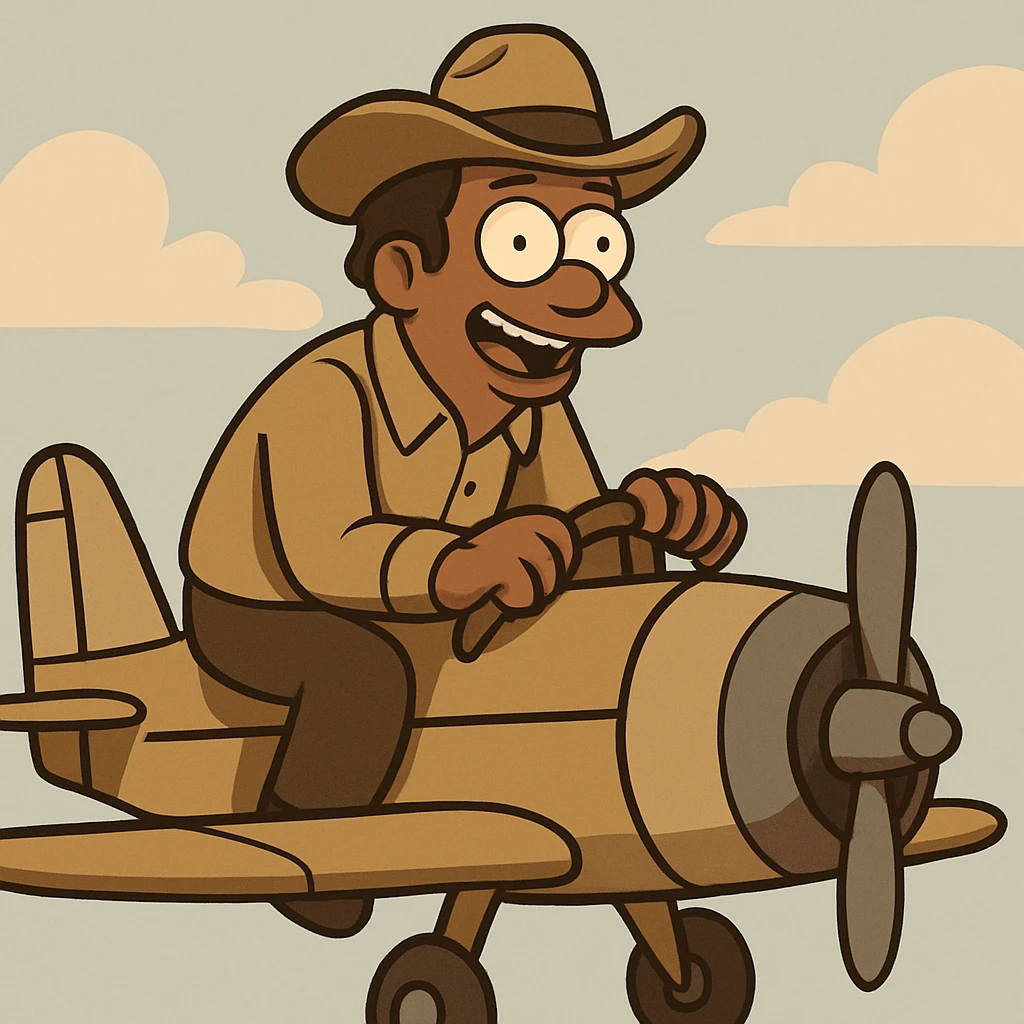 brown male wearing a hat sitting on an aircraft, cartoon style emoji
