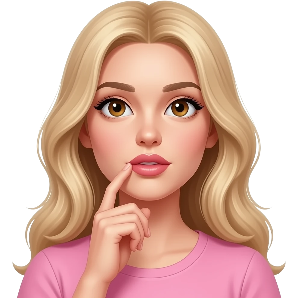 Pretty woman planning and thinking and has her finger on her lips and thinking and looking up with big nacho lips, slim face skinny wearing pink clothes and looks very beautiful looks sexy and seduces when thinking and doesn’t look like AI looks more realistic and has brown eyes and blonde hair emoji
