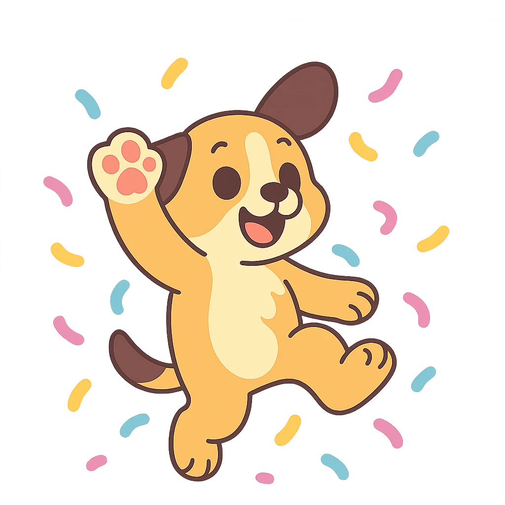 puppy jumping in confetti with paw up, pastel-toon style emoji