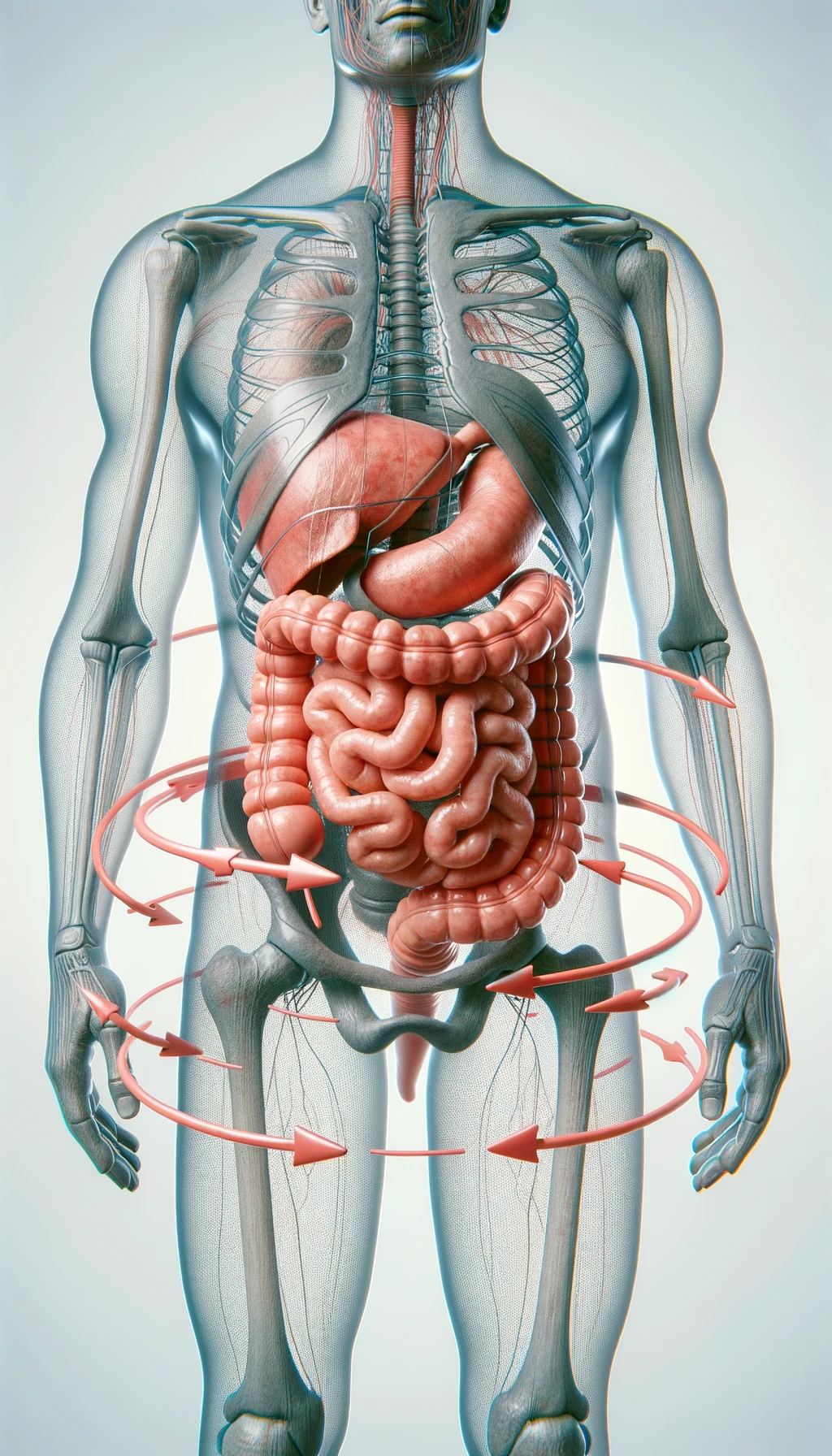 corpo umano anatomico con intestino umano anatomico con frecce 3d che gli girano intorno, sfondo chiaro, iperrealistico 4k emoji
