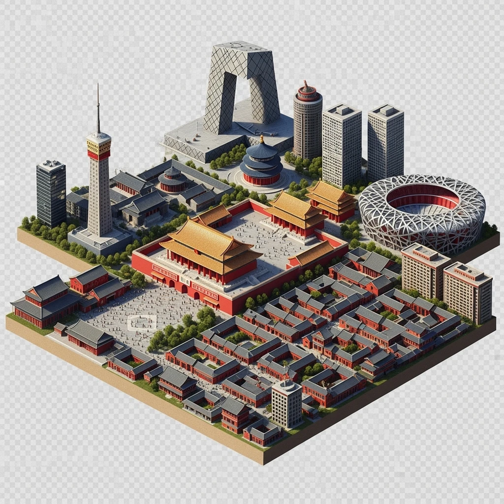 Isometric miniature of Beijing Forbidden City, Tiananmen Square, CCTV Headquarters, Temple of Heaven, China Zun Bird’s Nest Stadium and crowded hutong alleys, apartment blocks, 3D miniature effect and Tilt Shift effect, no cartoonish look, transparent background, don't cut angles emoji