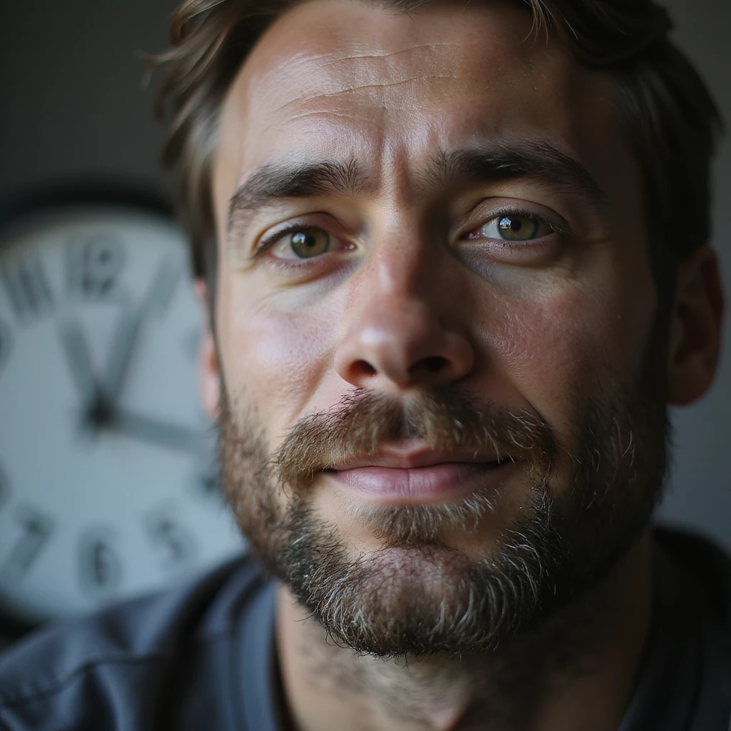 hyperrealistic 4K close-up of a man's face with slightly unshaven beard, slightly tired but bright eyes, hint of a smile, minimalist environment, clock in the background showing 23 hours emoji