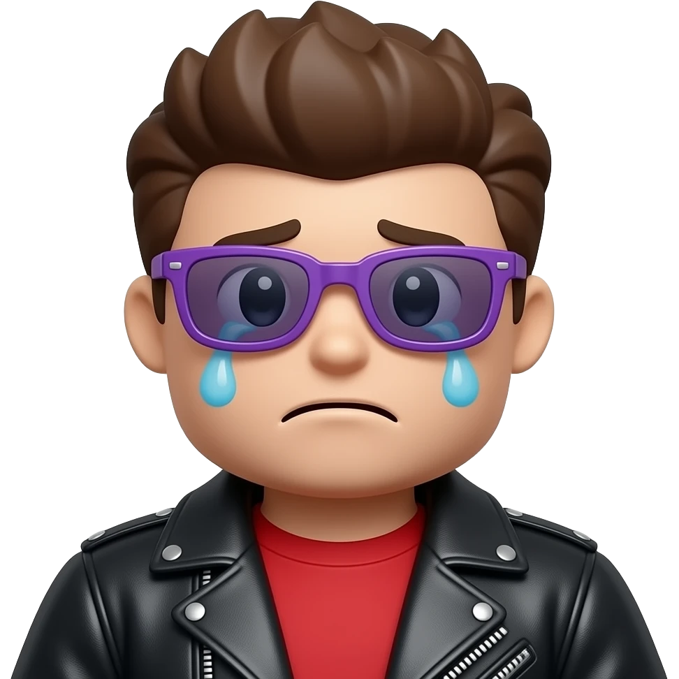 Crying Roblox boy avatar emoji, brown hair, purple sunglasses, black leather jacket, red shirt with... emoji
