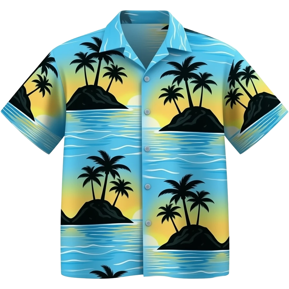 blue hawaiin shirt with yellow sunsets and oceans and black silhouettes of islands and palm trees on it emoji