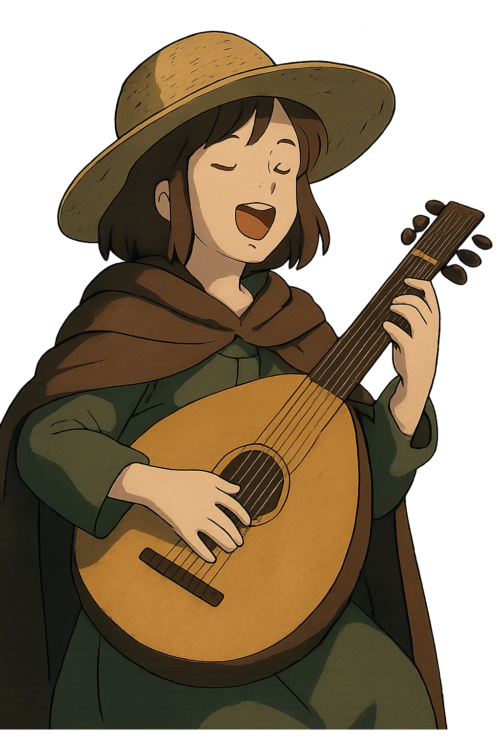 A female bard with a sturdy straw hat, playing a fat lute and singing, night time shadows   emoji