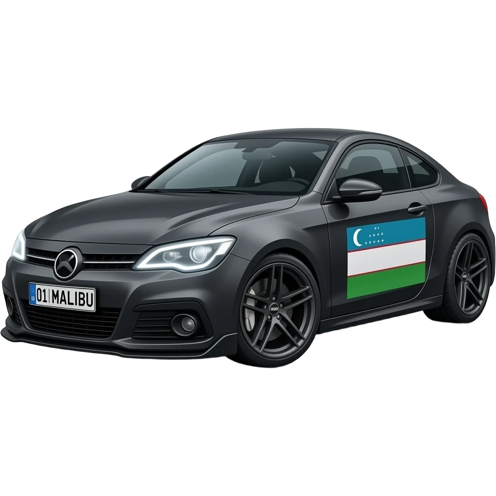 A realistic icon emoji of a metallic black Spark, front wheels steered to the left, dark charcoal tint windows, black alloy 5-spoke rims, Dynamic white glow LED headlights with glowing effect, uzbekistan region flag, number texts "01 | MALIBU" in plate emoji