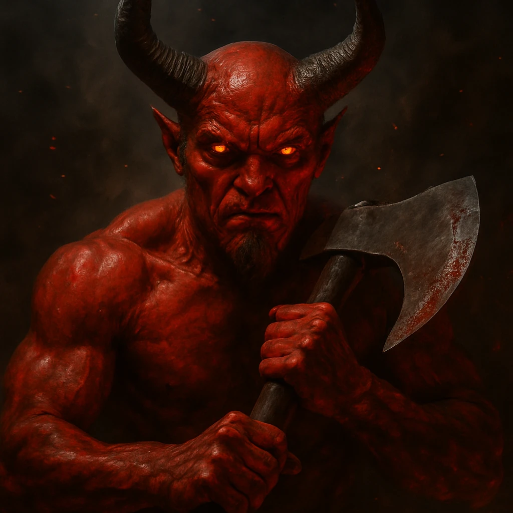 a realistic devil with horns and red skin, gripping a large axe, intense atmosphere emoji
