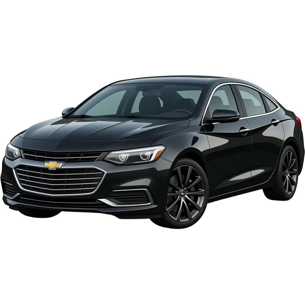 A realistic, high-detail photograph of a glossy black Chevrolet Malibu 2 Turbo Premier sedan with tinted windows and black alloy rims, car headlights on the front emoji