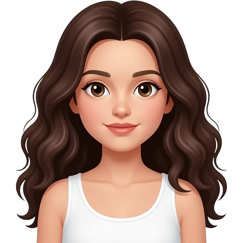 A girl with fair skin, brown eyes, long, incredibly wavy dark brown hair, wearing a white tank top emoji