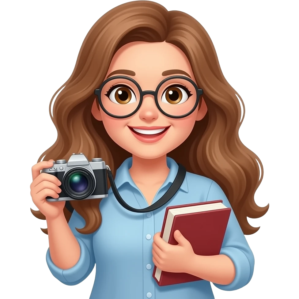 detailed emoji illustration of a curvy woman with long light brown wavy hair, light brown eyes and round glasses taking picture avec her book, happy book lover vibe, cute emoji style emoji