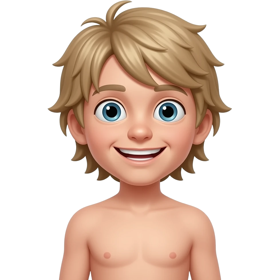 full body no shirt a short white kid kid with meidonm long dirt blond hair and he has buck teeth and has a stupid exsprsion on he's face emoji
