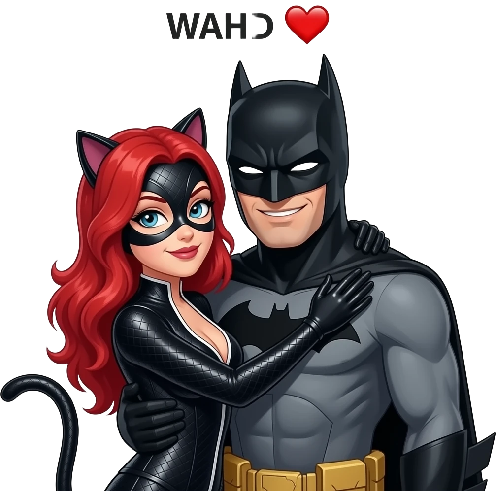 Bearded Batman hugging his love catwomen and above them the text “WAHD ♥️” emoji