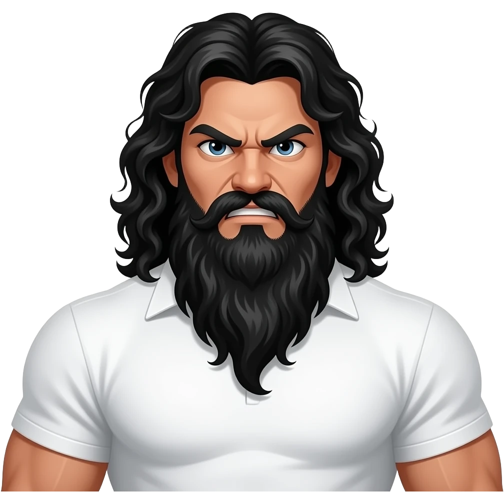 TEXICAN OUTLAW, with a really longer beard, long, black, curly hair, super muscular, with angry eyes, beard is black too, wearing all white emoji