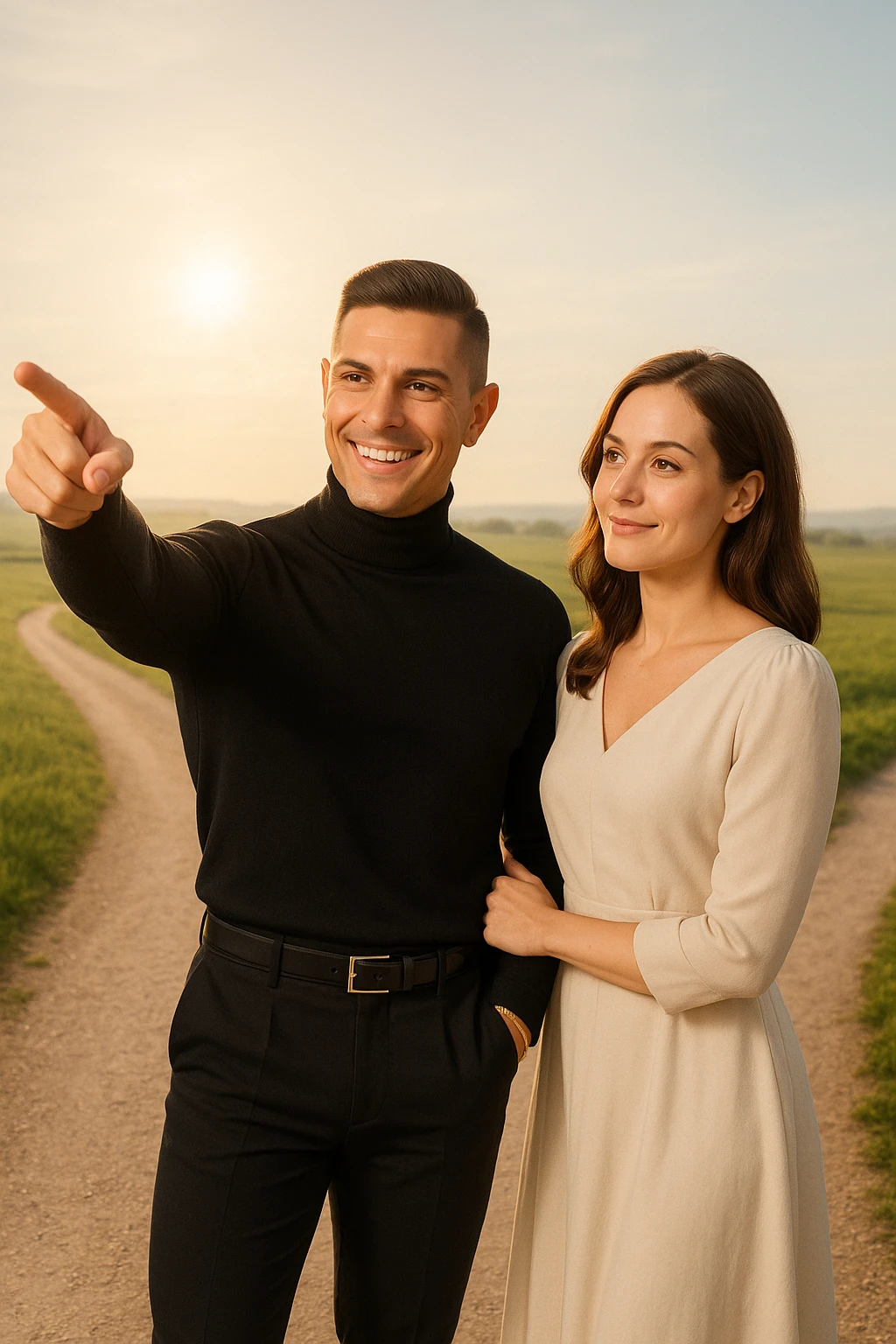 a man stands confidently at a crossroads, pointing toward a clear path ahead. Beside him, a woman looks at him con fiducia e serenità, pronta a seguirlo. Entrambi sono ben vestiti e sorridenti, immersi in un paesaggio luminoso che simboleggia nuove opportunità e un viaggio condiviso. emoji
