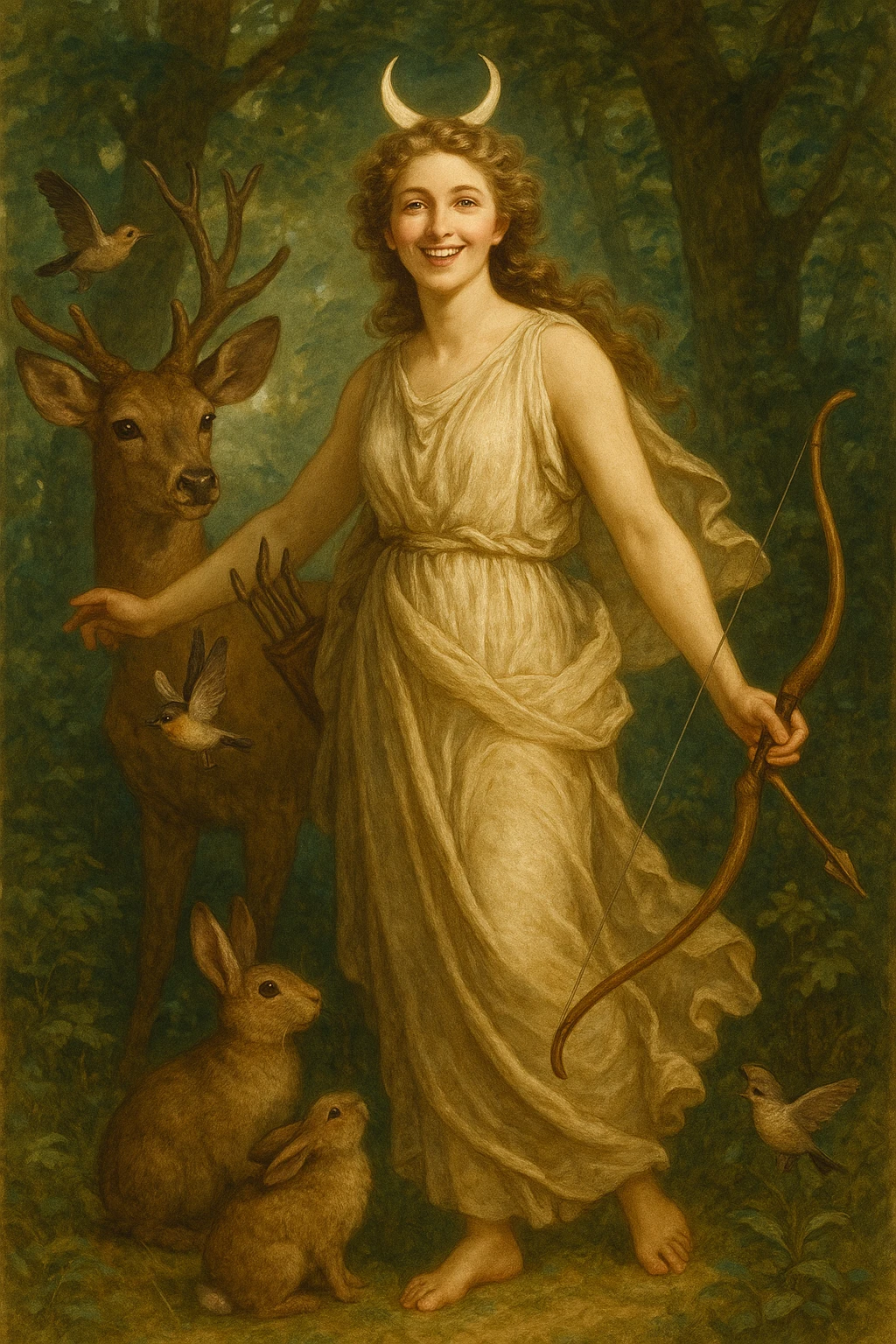 Diana, goddess of the hunt, cheerful, with flowing robes, bow in hand, surrounded by forest animals, crescent moon on her head emoji