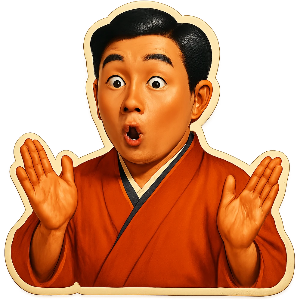 The same Japanese man in traditional kimono looks at the viewer with a surprised look, and his hands are empty emoji