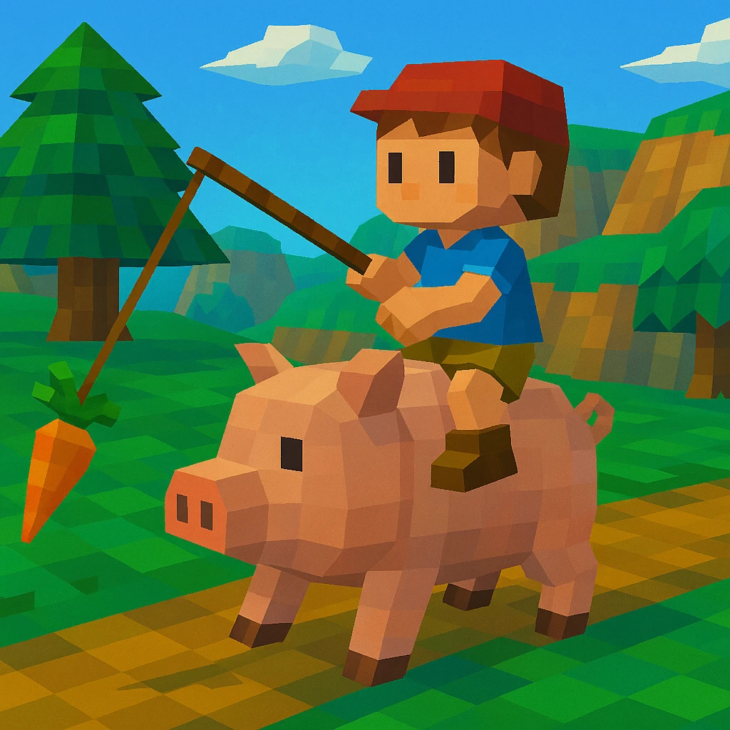 Child riding a pig with a carrot on a stick.
 emoji