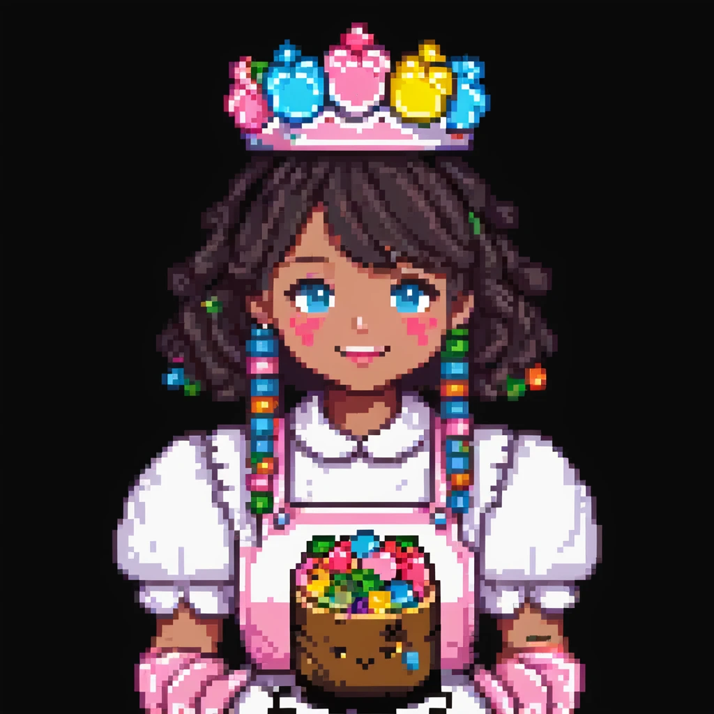 Portrait of a baker dressed in pink candy-themed clothes, gummy bears on his sleeves, rock candy crown, marshmallow gloves, skeuomorphism style emoji