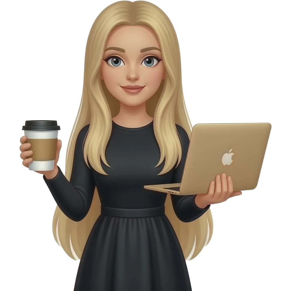 grey eyes woman, In long sleeves black dress, with extreme long very straight blond hair with light ombré hair with late art coffee and MacBook gold in other hands emoji