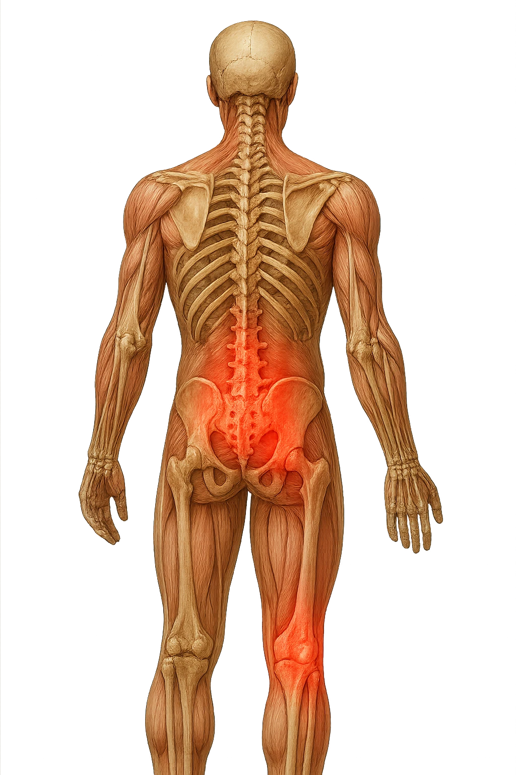 corpo umano anatomico con mal di schiena e al ginocchio, iperrealiùstico 4k emoji