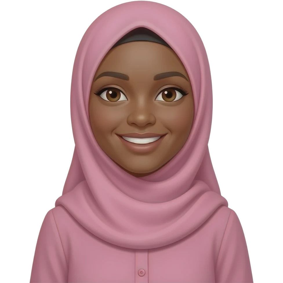 Indigenous, Muslim woman, black skin, wearing a Nation Of Islam Head scarf in Bubble gum pink, she is wearing a modest blouse with a mandarin collar buttoned up she has a soft delightful smile emoji